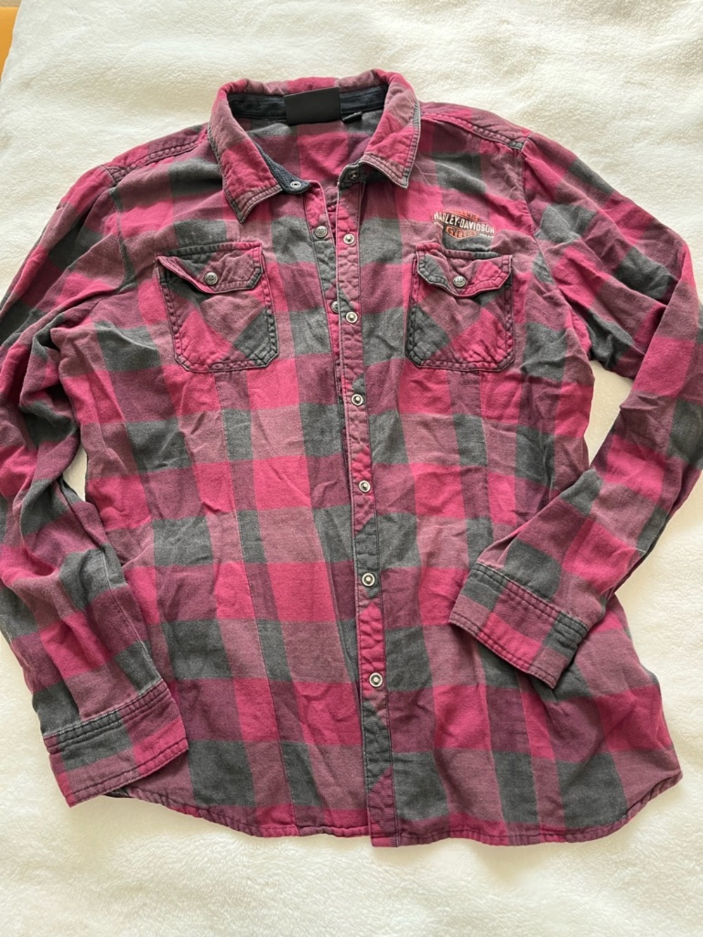 Harley-Davidson Pink and Gray Plaid Button-Up Shirt
